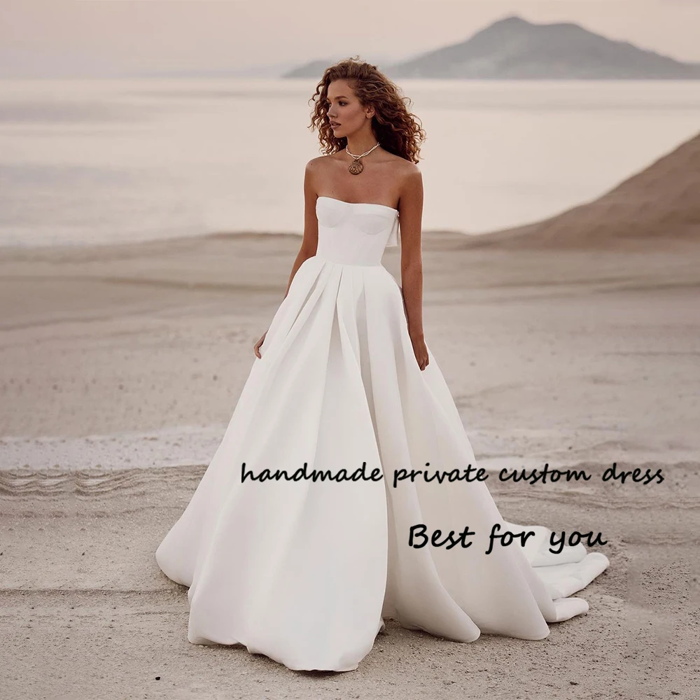 

Ivory Satin Wedding Dresses for Bride Strapless A Line Bridal Gowns with Pocket Train Simple Civil Wedding Dress Backless