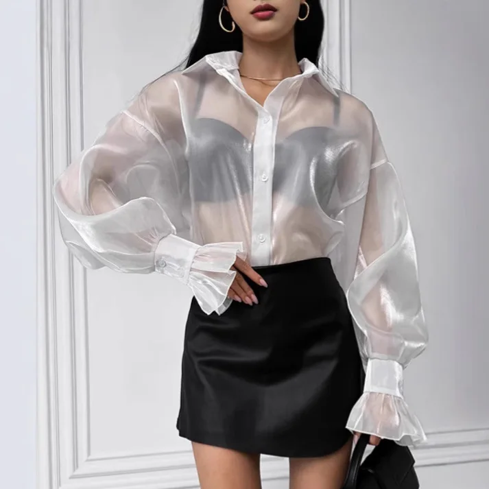 

Stylish Autumn Women's Mesh Blouse Turn Down Collar Flare Sleeve Drop Shoulder Button Lady's Shirt Loose Unique Shirt For Female