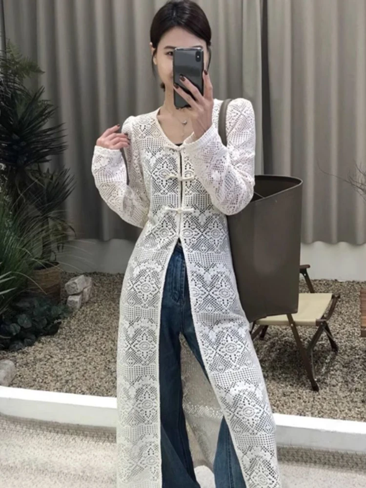 Nuovo stile cinese pizzo scollo a V Top per le donne 2025 inizio autunno nuovi Blusas Mujer Y2k di media lunghezza Split scava fuori camicette vestito