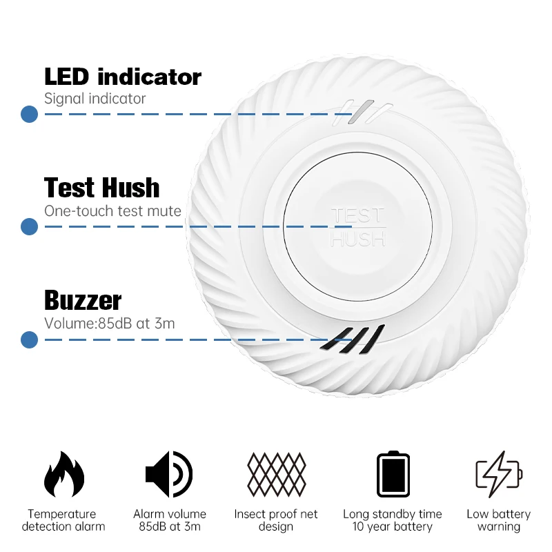 Detector de fumaça com função Wi-Fi, Sensor de alarme de som de incêndio, Tuya Smart Home Parlor, Cozinha, 10 Year Battery, Built-in