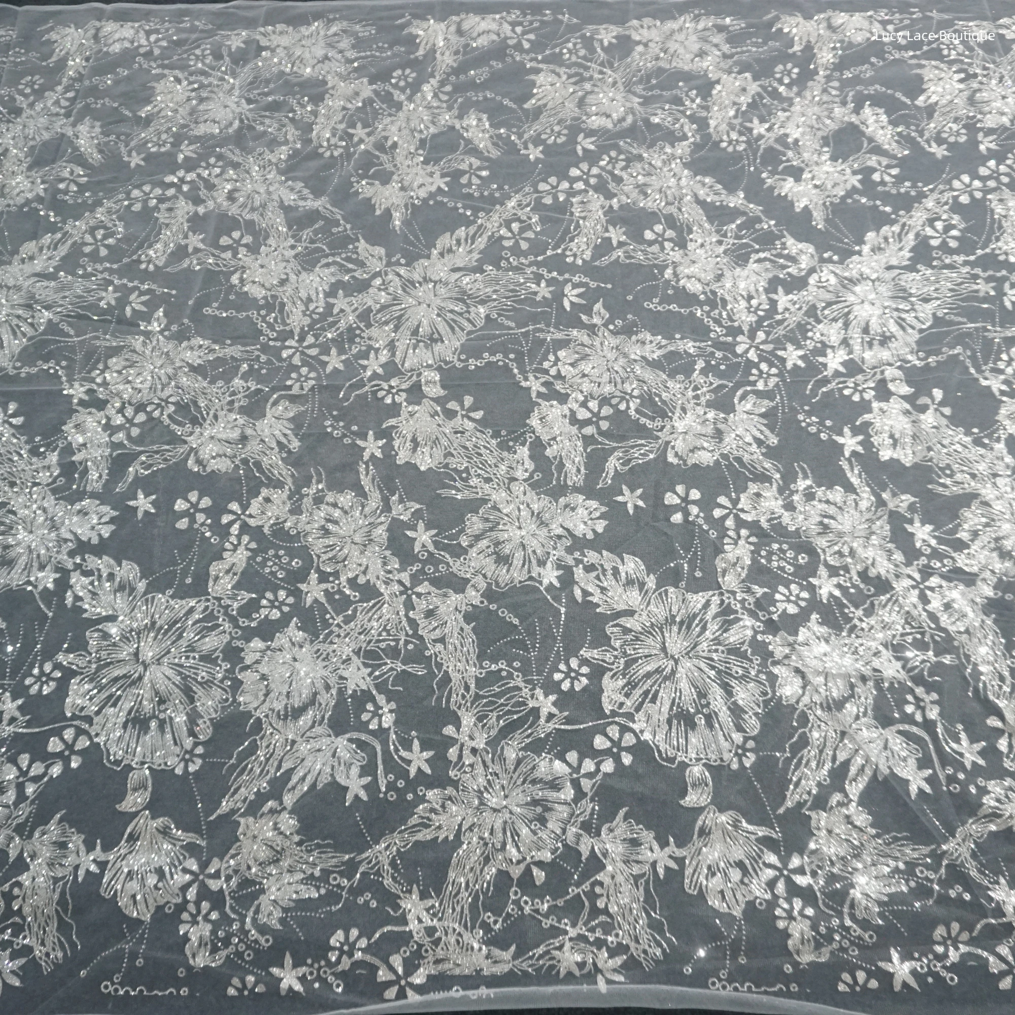 2024 Silver Lace Large Flowers Glittering Mesh Fabric Stamping Silver Spray Wedding Dress Fabric Bottom Material 150CM Wide