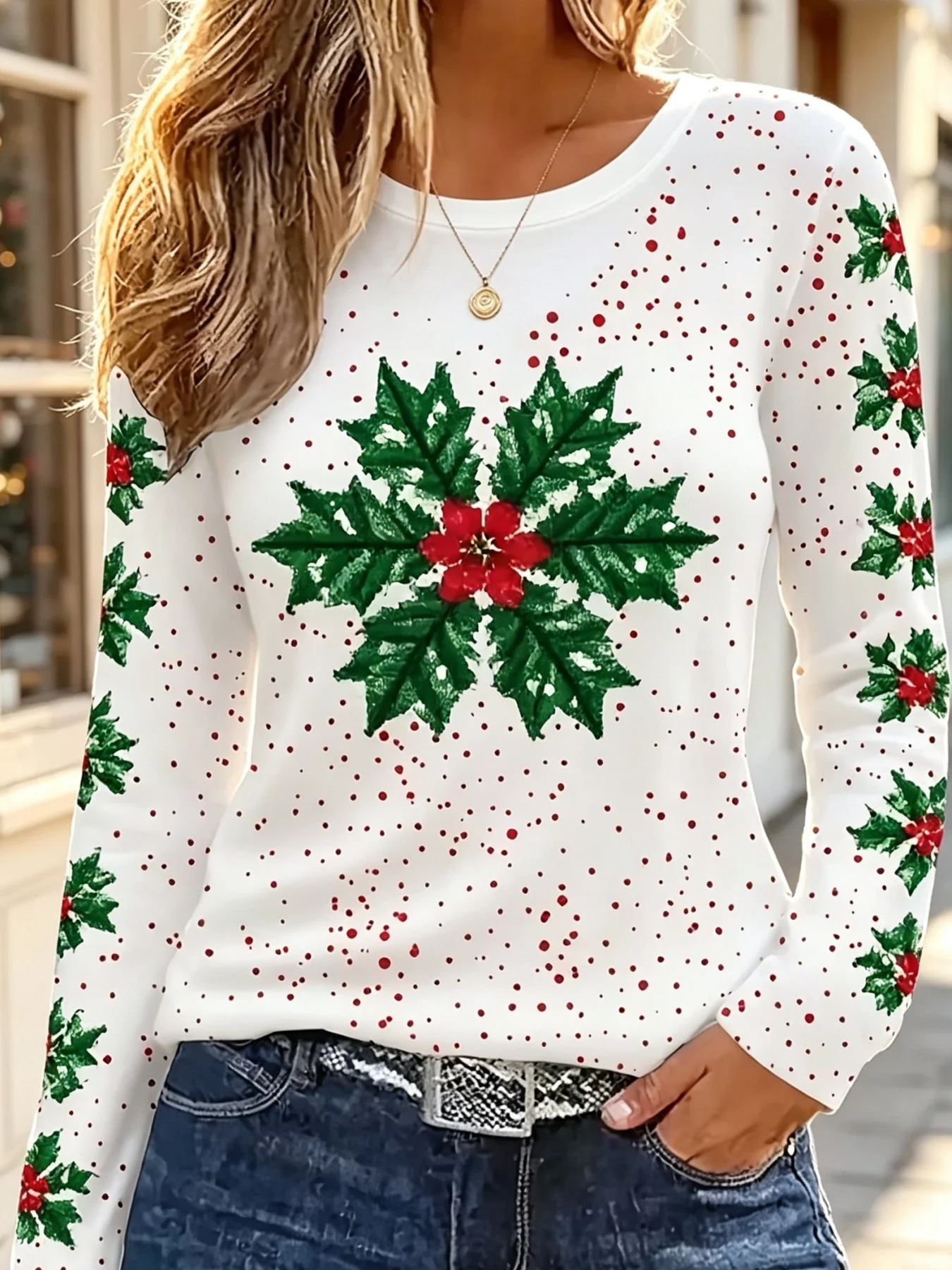 Christmas Poinsettia Holly Print Women Long Sleeve Tee Winter Holiday Casual Blouse 3 Colors Available
