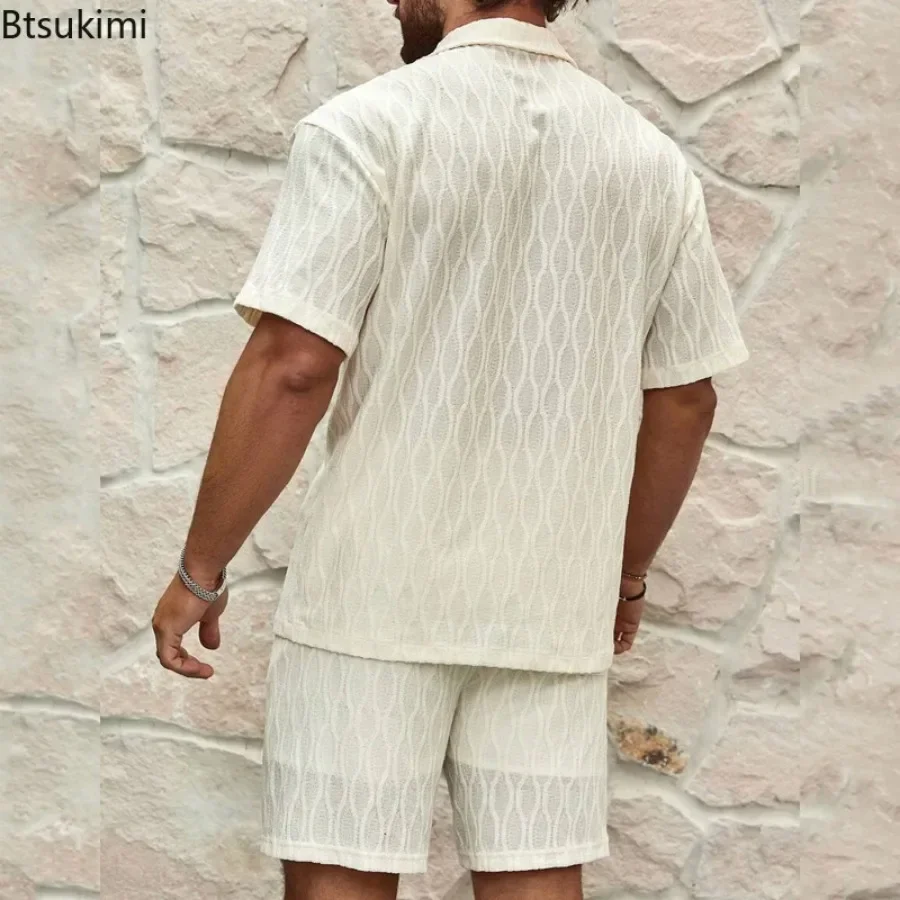 2025 Men Tracksuits Summer Fashion Solid Loose Casual Two Pieces Lapel Button Shirt Shorts Beach Holiday All-match Outfits Male