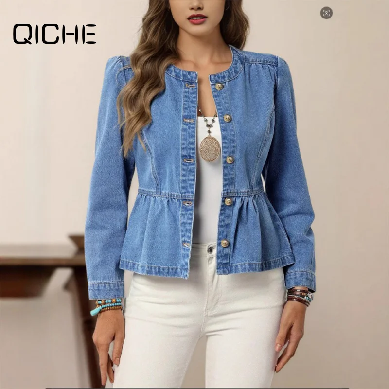 QICHE 2026 Autumn New European Women Solid Denim Blouse Crew Neck Puff Sleeve Casual Pullover Versatile Top