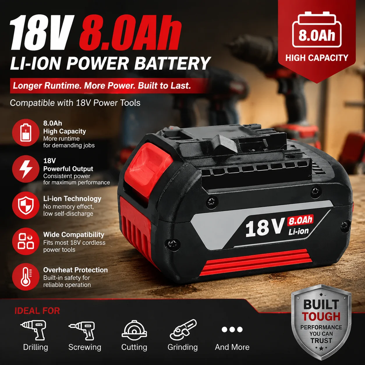 18V 8Ah Hochleistungs-Ersatz-Lithium-Ionen-Akku für Bosch Akku-Werkzeuge, kompatibel mit BAT618 BAT609 GBA18V80, verlängert die Betriebszeit von Bohrmaschinen und Schleifgeräten.