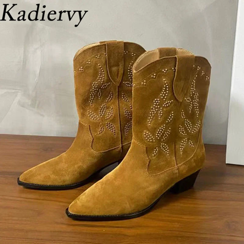 

Luxury Suede Leather Short Boots Woman Pointed Toe Slip-on Retro Shoes Woman Embroidery Western Cowboy Boots Woman Booties