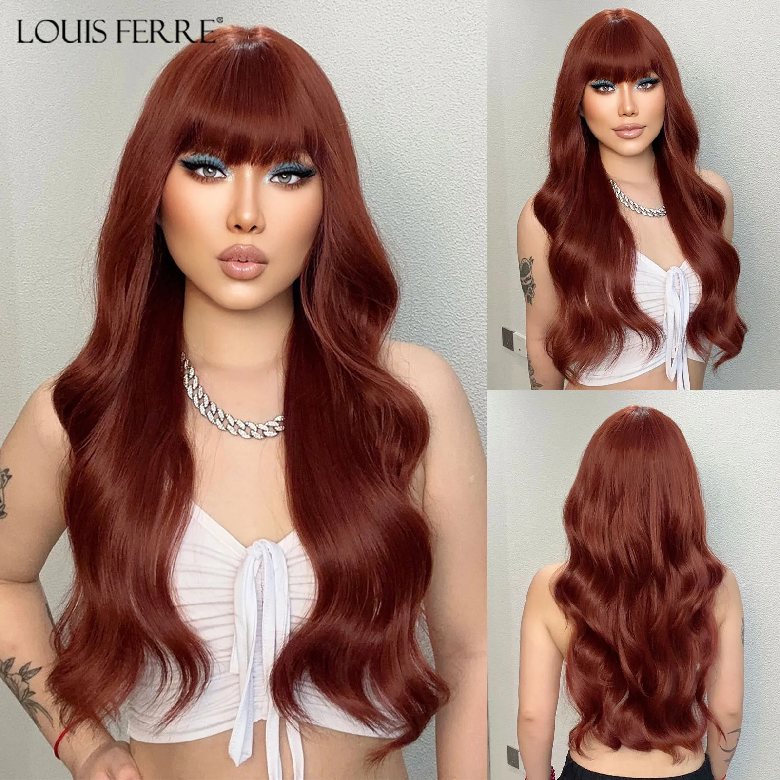 LOUIS FERRE Wine Red Wavy Synthetic Wig Long Wavy Natural Hair With Bangs Daily Cosplay Heat Resistant Fashion Women Wig Hair