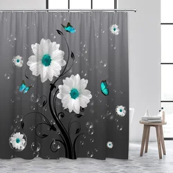 White Daisy Flowers Shower Curtains Butterfly Creative Floral Bubble Black Gray Ombre Backdrop Fabric Bathroom Decor with Hooks