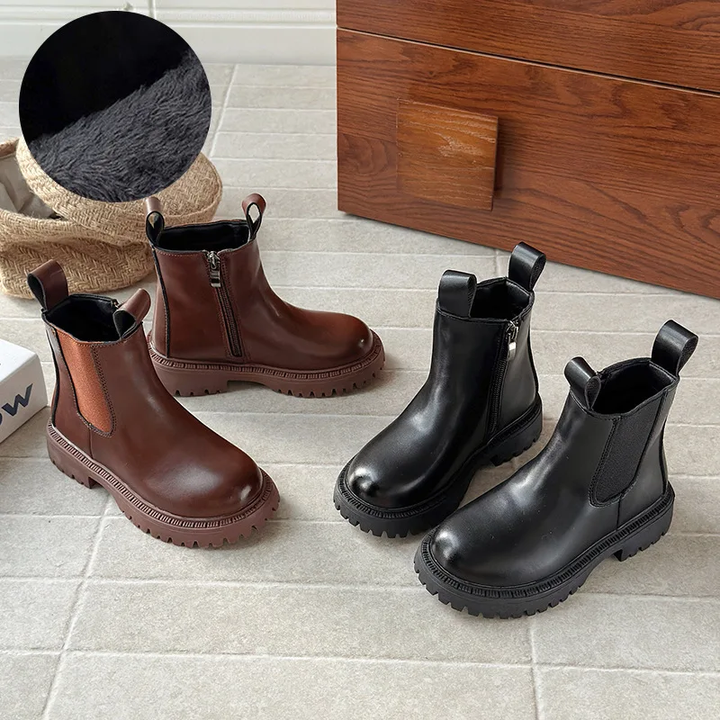

Kids'Casual Boots Ankle Boots ​Low heels​ PU Leather Winter Shoes For Girls Anti-slip Warm Brown Black Shoes Size 26-37