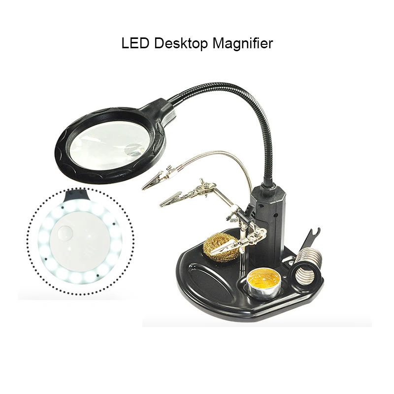 

TE-802 Светодиодная настольная лупа с держателем печатной платы Гибкие металлические руки помощи для сварочной станции Настольная увеличительная лупа