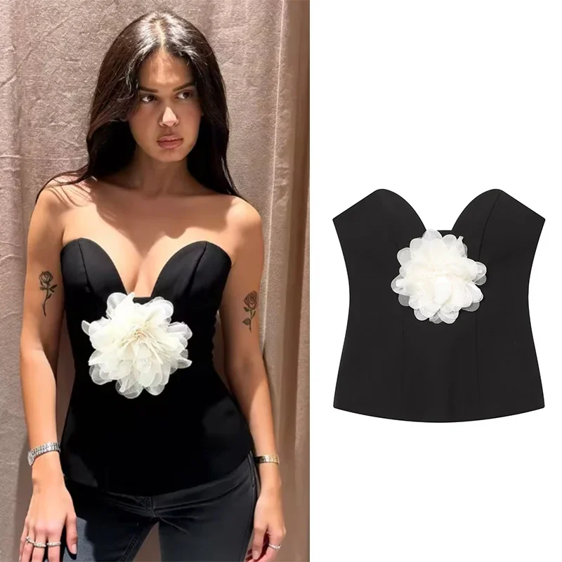

New Fashion Women Sexy Flower Decorated Strapless Tank Top Women Sexy Backless Sleeveless Tops Female Chic Tops