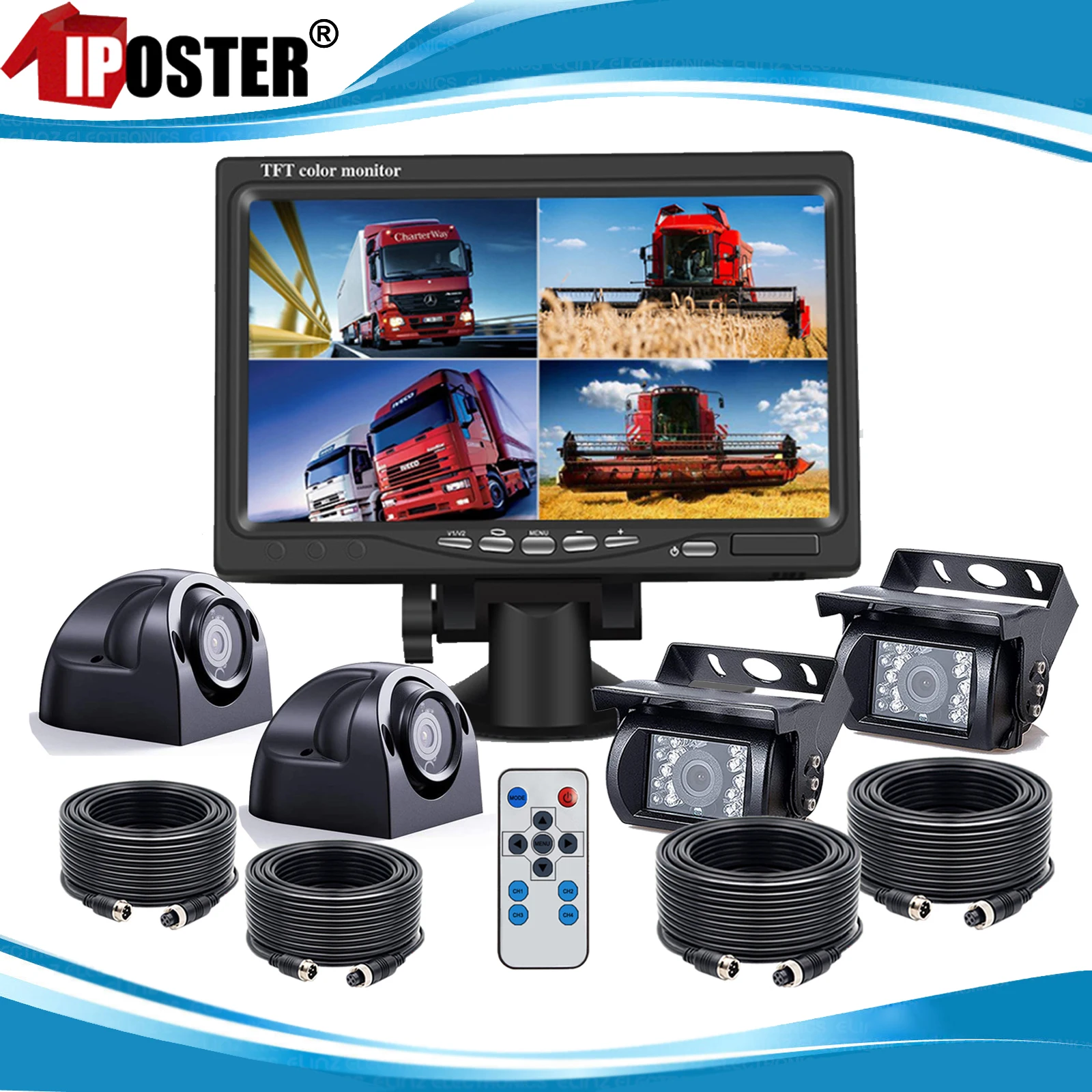 iPoster 7 Inch LCD Screen Quad Monitor 4ch 4PIN 360 View 1x Fron View + 2x Side View + 1x Rear View Cameras 12-24v For Truck Rv