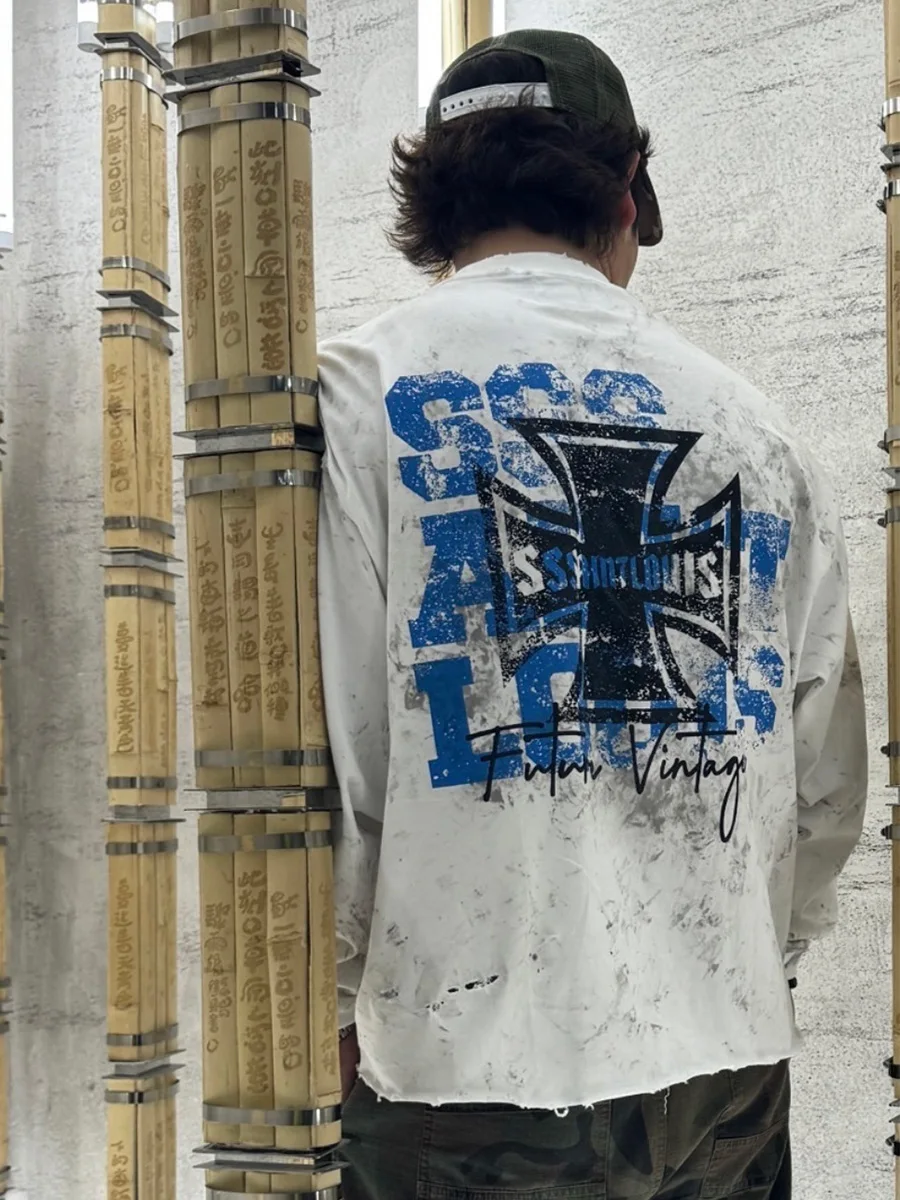 American Style Heavyweight Hoodie Sssaint Louis Cross Print Graffiti Loose Long Sleeve T-Shirt Men's Worn out Cotton Casual Top