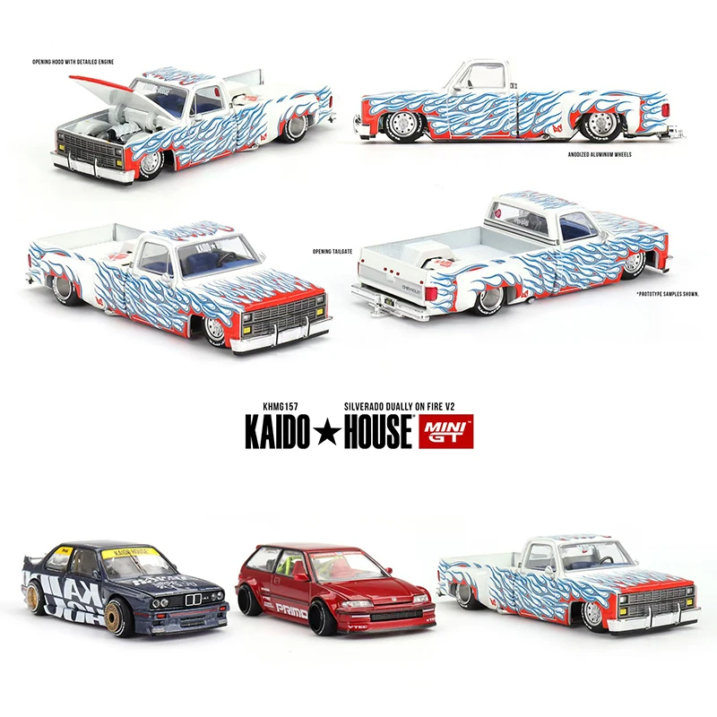 Mini-On fogo openable capa Diecast carro modelo, MINIGT KHMG157, 1:64 Silverado, V2, Kaido casa