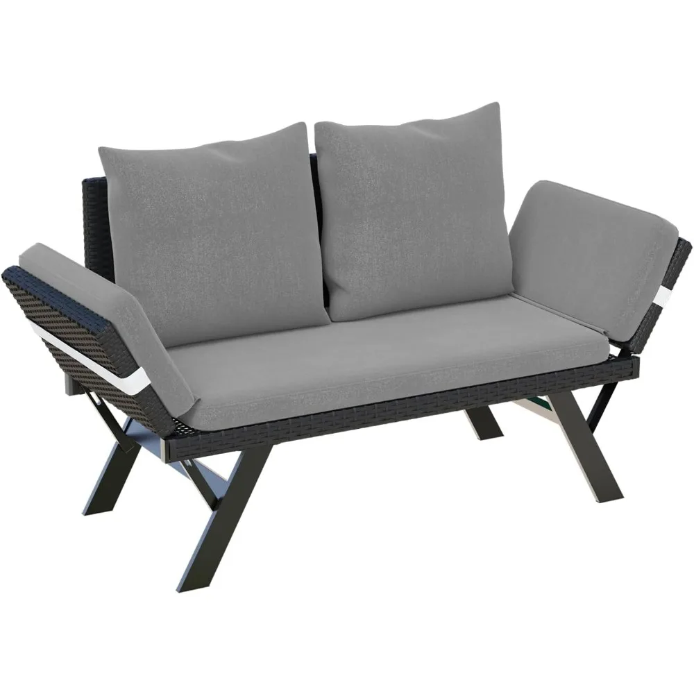 

Outdoor Convertible Sofa, Daybed Couch with Adjustable Armrests, Woven Rattan Patio Loveseat or Double Chair with