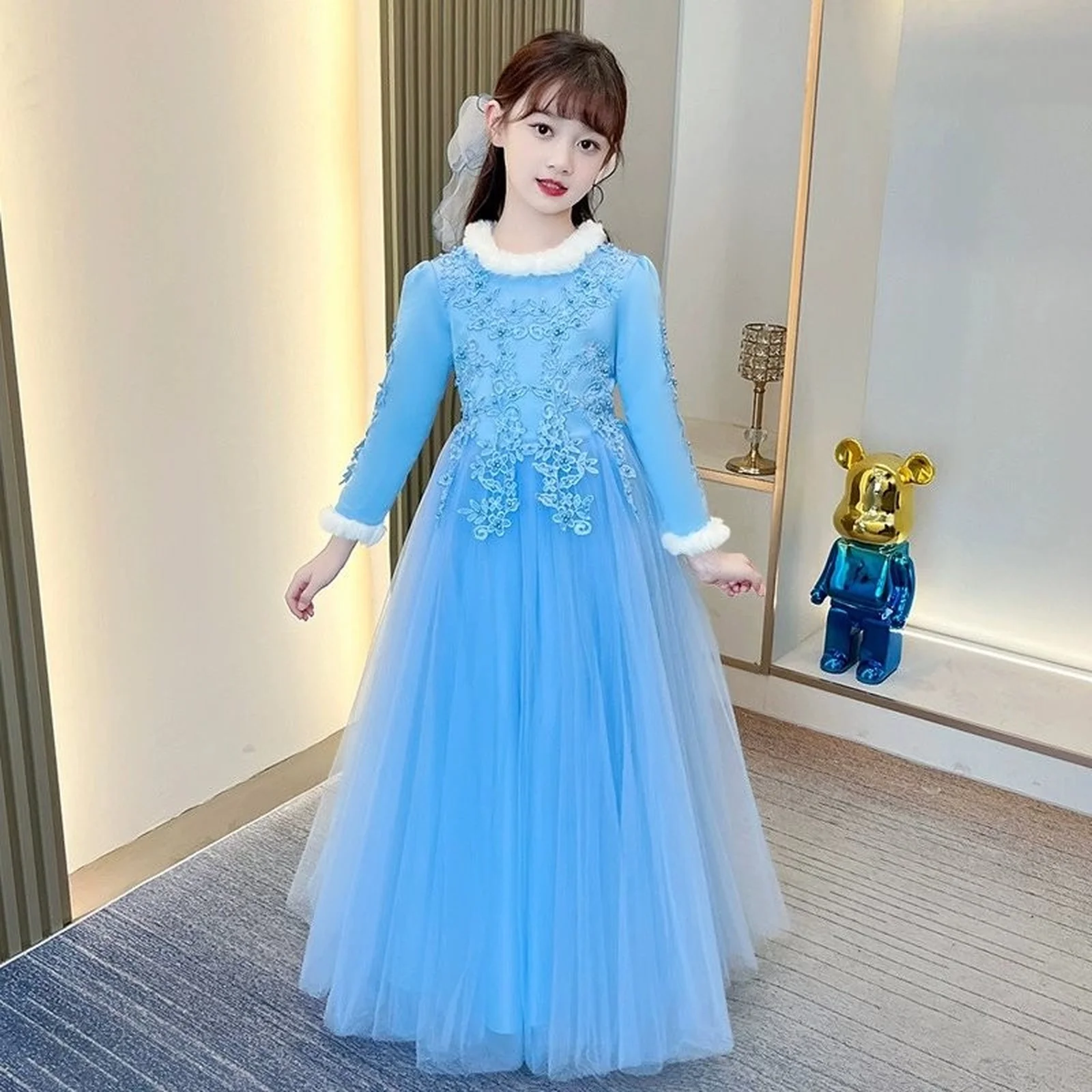 

4-14 Years Fashion Children Evening Dresses Mesh Lace Long Sleeve Warm Girls Princess Dress Winter Kids Bridesmaid Dresses
