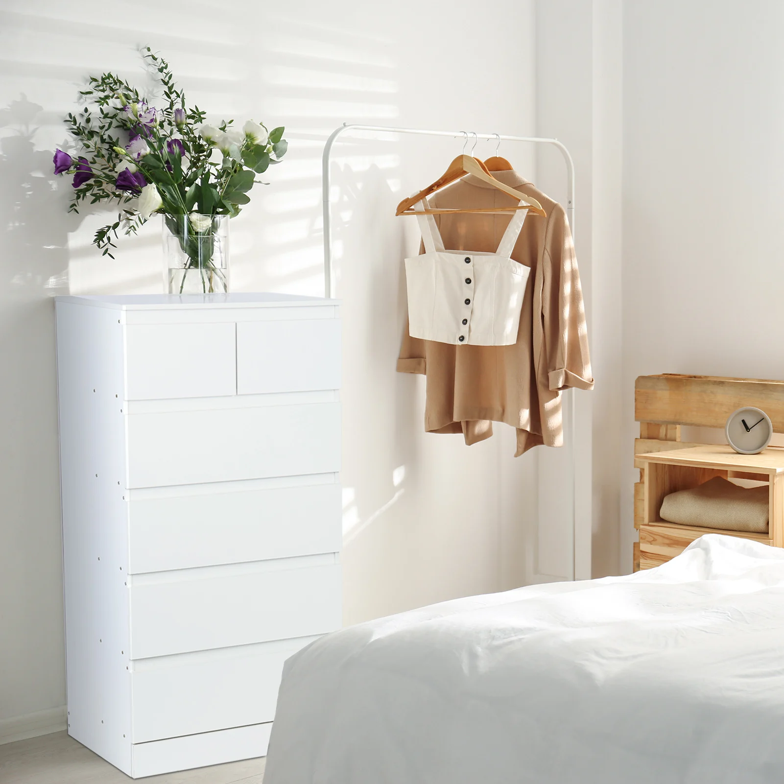 Cómoda para dormitorio, aparador blanco con 6 cajones grandes de madera, vestidores y cofres de cajones con organizador grande, alto D