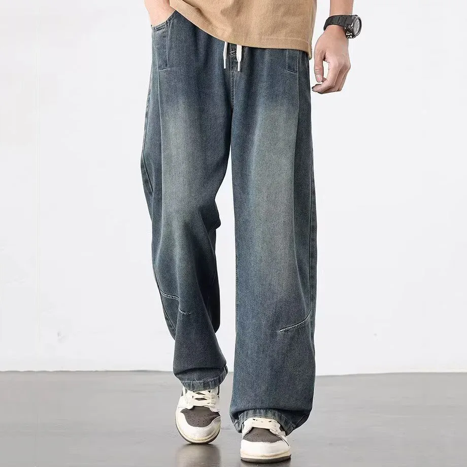 Autumn Men's Drawstring Pleated Jeans American Casual Fashion Street Style Simple Versatile Washed Retro Blue Loose Denim Pants