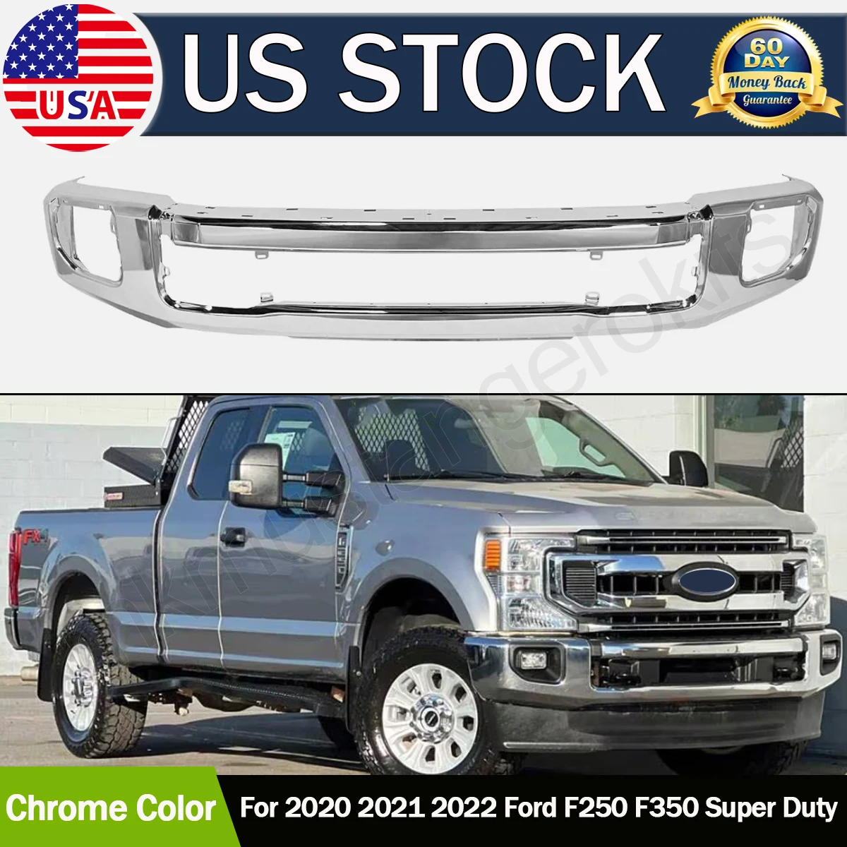 Modified For Ford F250 F350 Super Duty 2020 2021 2022 Bumper Splitter Lip Front Bumper Guard Assembly with Fog Light Hole Chrome