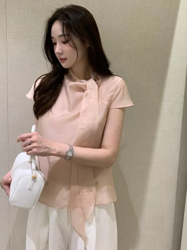 Csa e doce de manga curta para mulheres com faixa e nó borboleta estilo casual solto ajuste cor pura verão