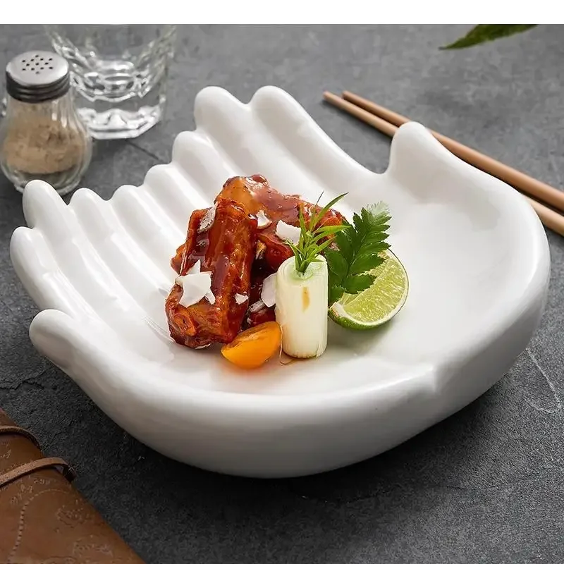 Double-layer Buddha Hand Shape Ceramic Insulation Plate Dessert Dish Snack Molecular Cuisine Specialty Tableware