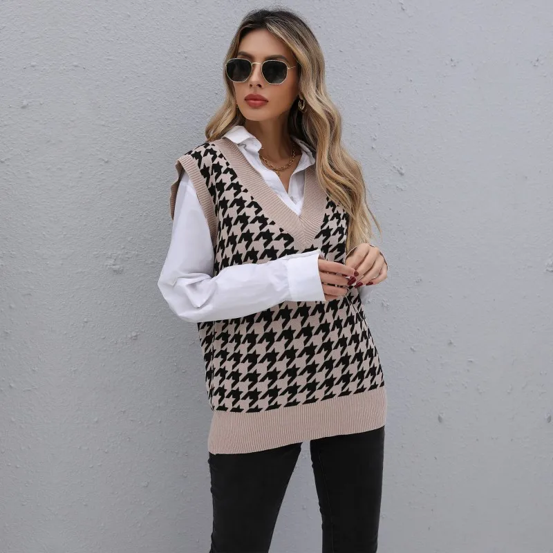 Autumn Winter  Women's Loose Knitted V-Ne Vest Cross-Border Cheered Pattern Layering Faionable Casualwear