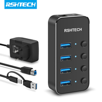 RSHTECH Powered USB Hub 5Gbps Aluminum USB Splitter USB3.0 Extension Hub with 2-in-1 USB Type A/C Cable 5V/2A Power Adapter