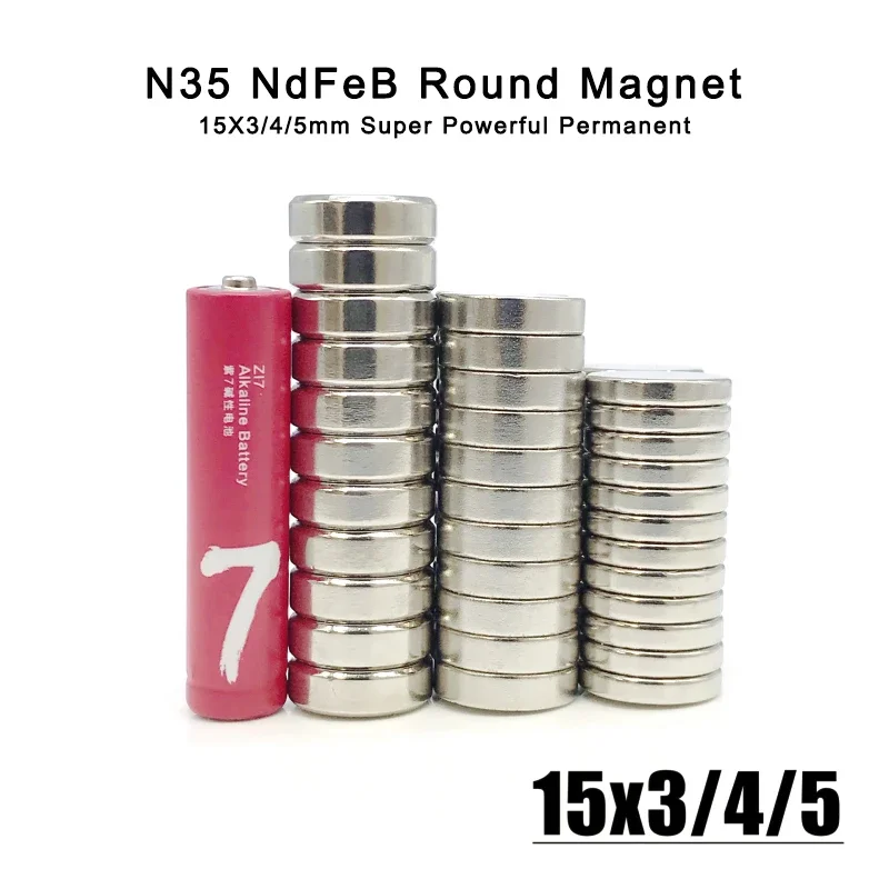 5-100Pcs N35 Neodymium Disc Magnets, 15x3mm 15x4mm 15x5mm, 15mm Diameter Round Shape Permanent Magnets for Office Fridge Tool