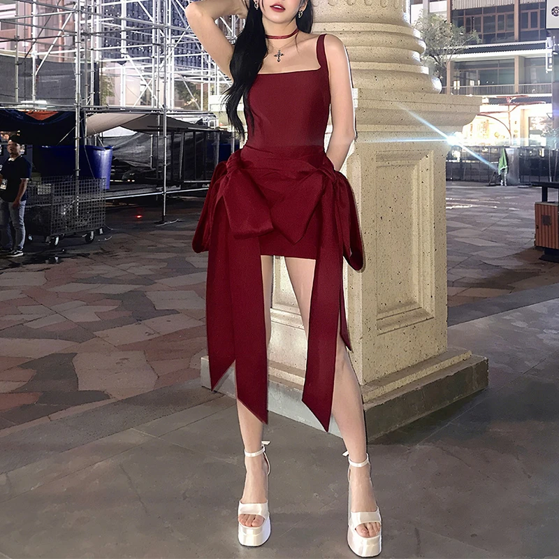 BKLD Modisches rotes Minikleid mit Schleife, Träger, quadratischer Kragen, ärmellos, rückenfrei, Vintage, niedlich, Damen, schlank, Party, kurze A-Linien-Kleider