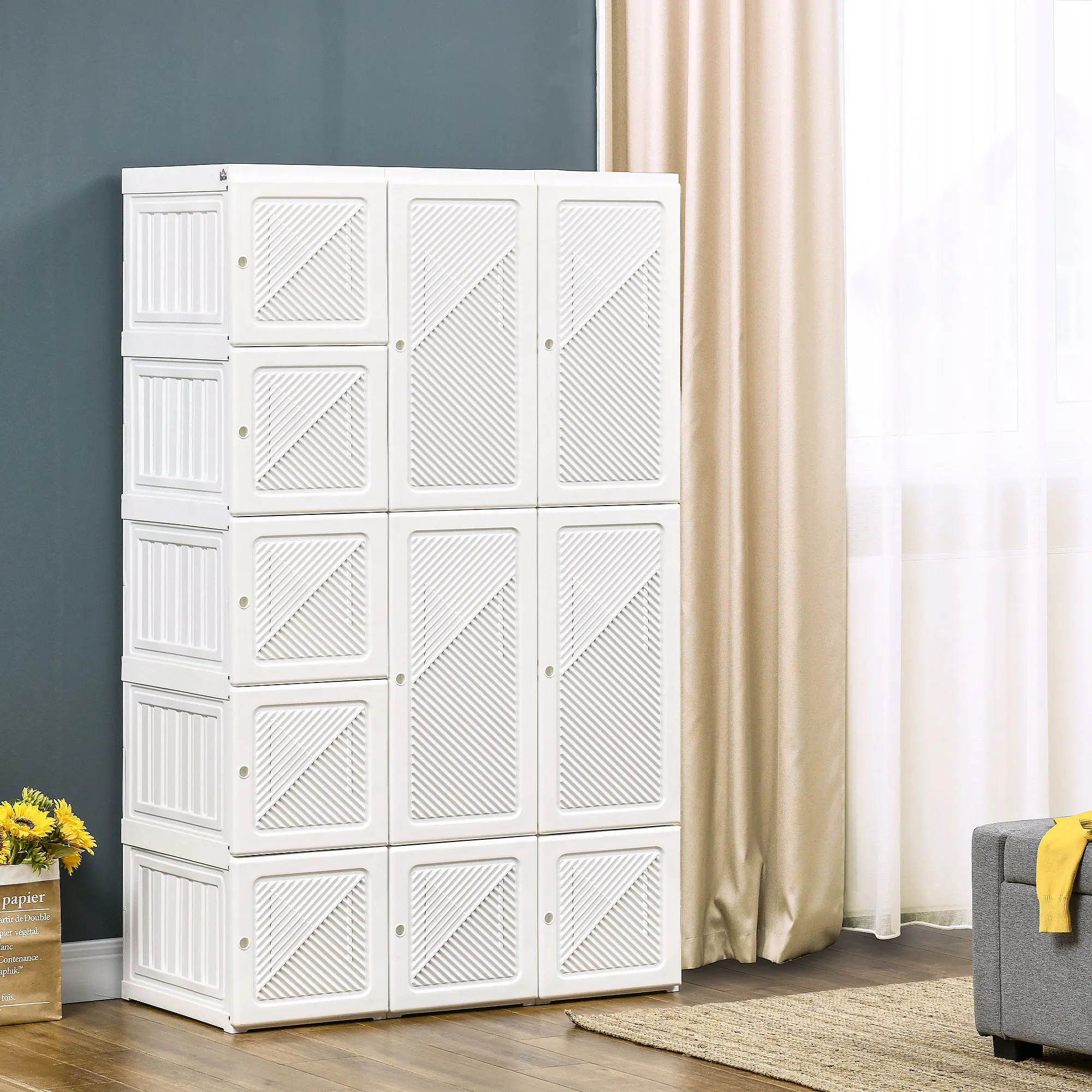 HOMCOM Portable Wardrobe Closet, Folding Clothes Storage Organizer with 8 Cube Compartments, 2 Hanging Rods, 11 Magnet Doors, White