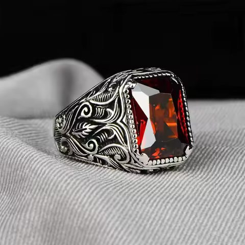 Retro Red Crystal Ring For Men Silver Color Punk Gothic Rock Hiphop Ring Biker Accessories Handmade Designer Jewelry Lovers Gift