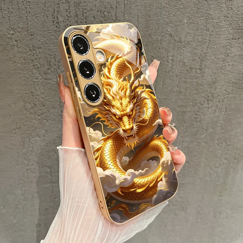 Gold toned Xianglong pattern tempered glass phone case suitable for Samsung GalaxyS26 S25 S24 S22 S21 S20FE/Ultra/Plus anti drop