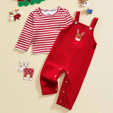 Baby Girls /Boys Autumn/Winter Christmas Outfit Striped Long Sleeves Top and Elk Patch Overalls Pants Suit  Clothes Set