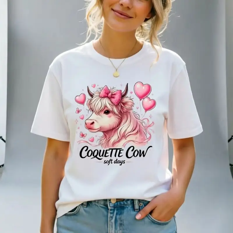 Women's Soft Days Highland Cow Pink Bow Heart Balloon Butterfly Graphic T Shirt Cute Girly Animal Short Sleeve Casual Tee