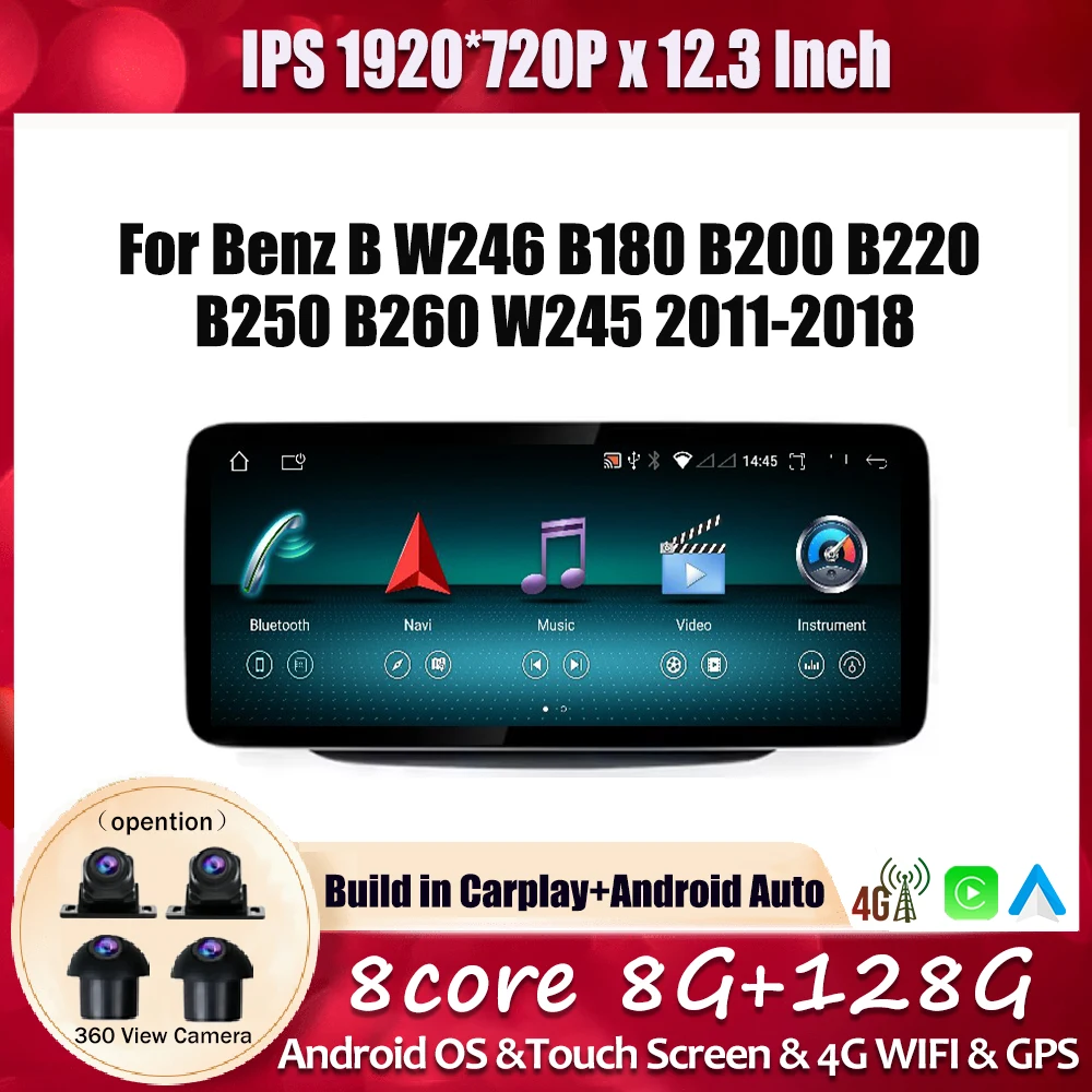 

12.3 Inch For Benz B W246 B180 B200 B220 B250 B260 W245 2011 2012-2018 Android 14 Car Radio Video Multimedia Player System DSP