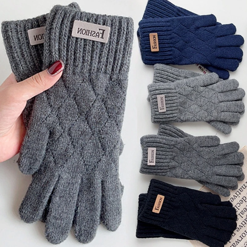 Men\'s Warm Full Finger Gloves Winter Touchscreen Plus Fleece Gloves Woman Thickening Wool Knitted Cycling Driving Gloves