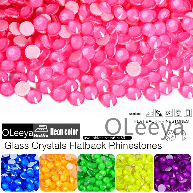 Oleey SS6-SS30 Hotfix  Neon Color Glass Rhinestones Crystal Flatback Strass Stones For Clothes Wedding Dress Crafts Decoration