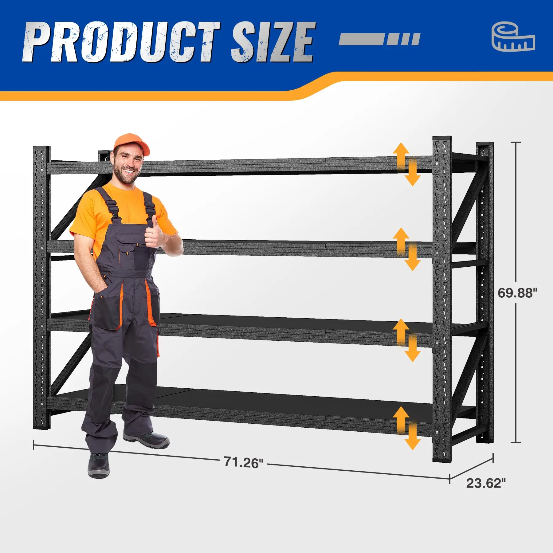 Heavy Duty Storage Shelving Unit 71''W, 4 Tier Adjustable Garage Shelving Rack, 5000 lbs Capacity Steel Storage Rack