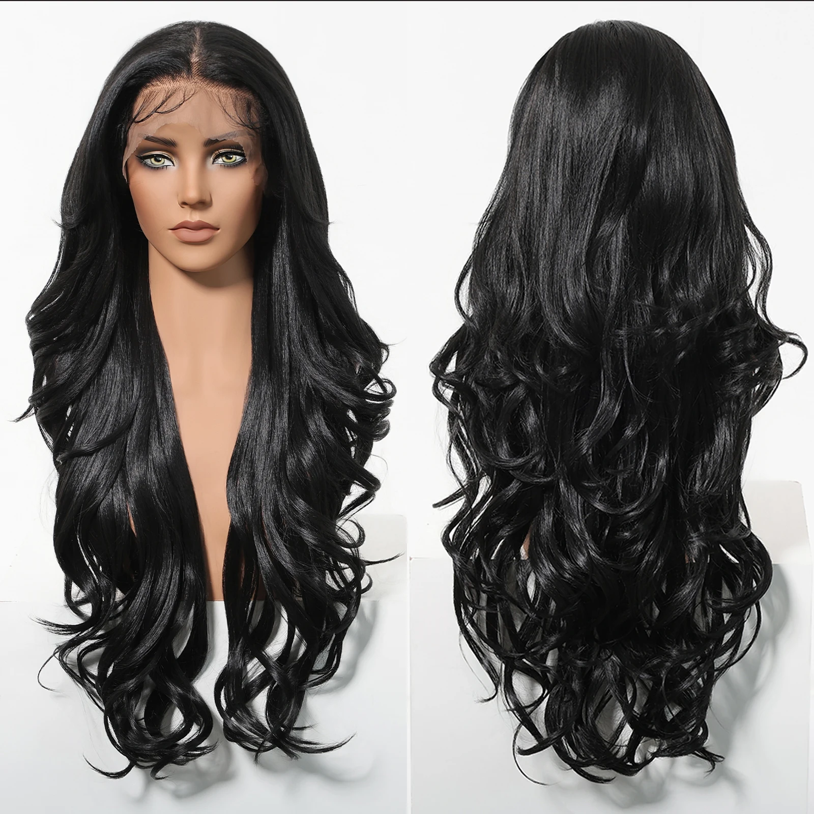 Long Afro Body Wave Synthetic Wigs Pre Plucked 13*6 Transparent Lace Wigs Dark Black Wig for Women 28 Inches Wavy Wigs Brazilian