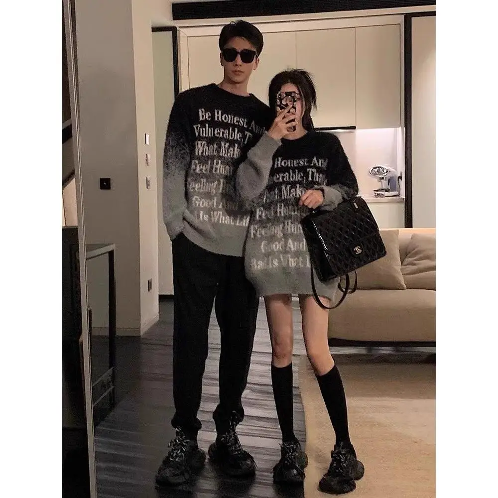 

Couple's adient Letter Knitwear Lazy Head American Retro High-End Sle Soft Polyester Fiber Winter Casual Loose Fit irt