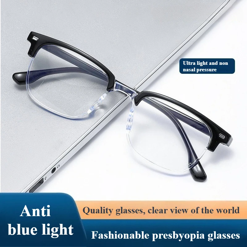 Modische ultraleichte Lesebrille für Herren, Business-Presbyopiebrille mit halbem Rahmen, intelligenter Zoom, Anti-Blaulicht
