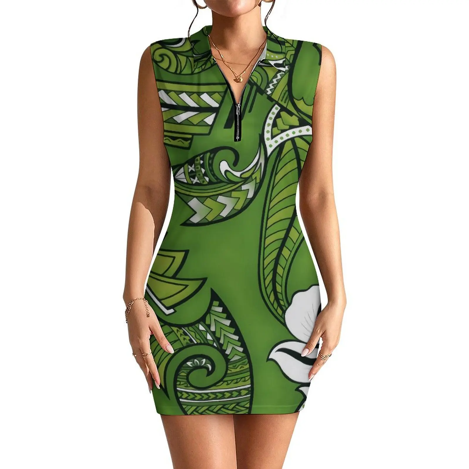 Traditional Polynesian Women'S Dress Custom Art Printed Pattern Sleeveless Zipper Polo Shirt Everyday Office Women'S Wear