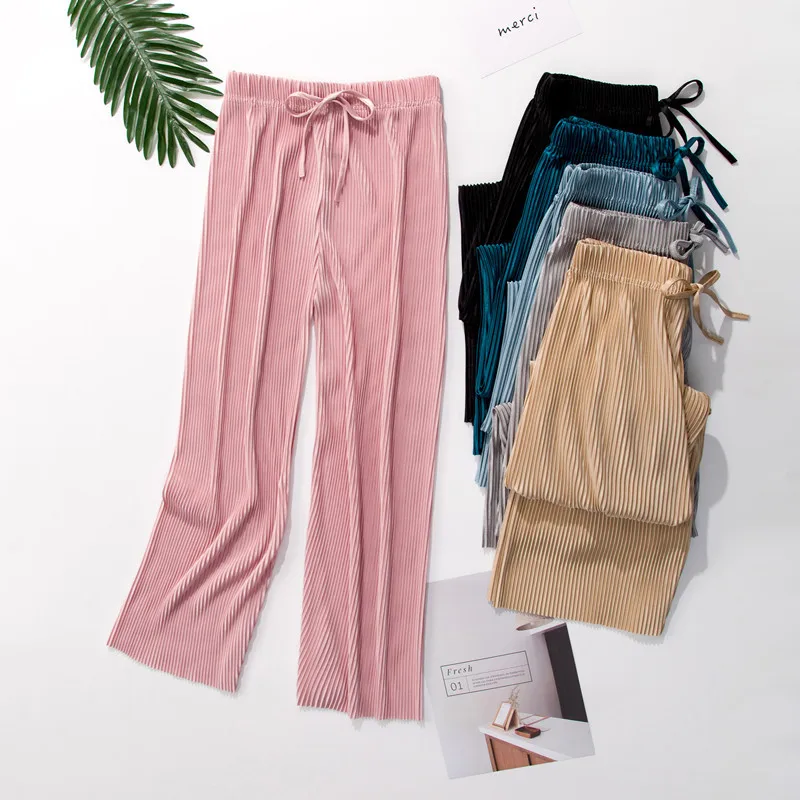 Women Fashion Summer Wide Leg Pants Pleated Ice Silk Trousers Elastic Waist Loose Casual Pant