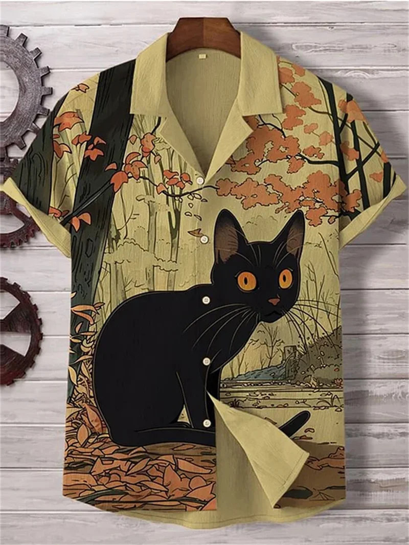 Daily casual shirt men\'s short sleeved shirt men\'s plus size comfortable 3D printed kitten shirt