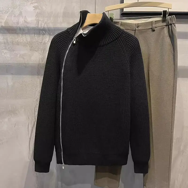 

Утепленный зимний вязаный свитер с высоким воротником и капюшоном на молнии, мужской, модный, индивидуальный дизайн, с боковой молнией, теплый, мягкий, длинный рукав