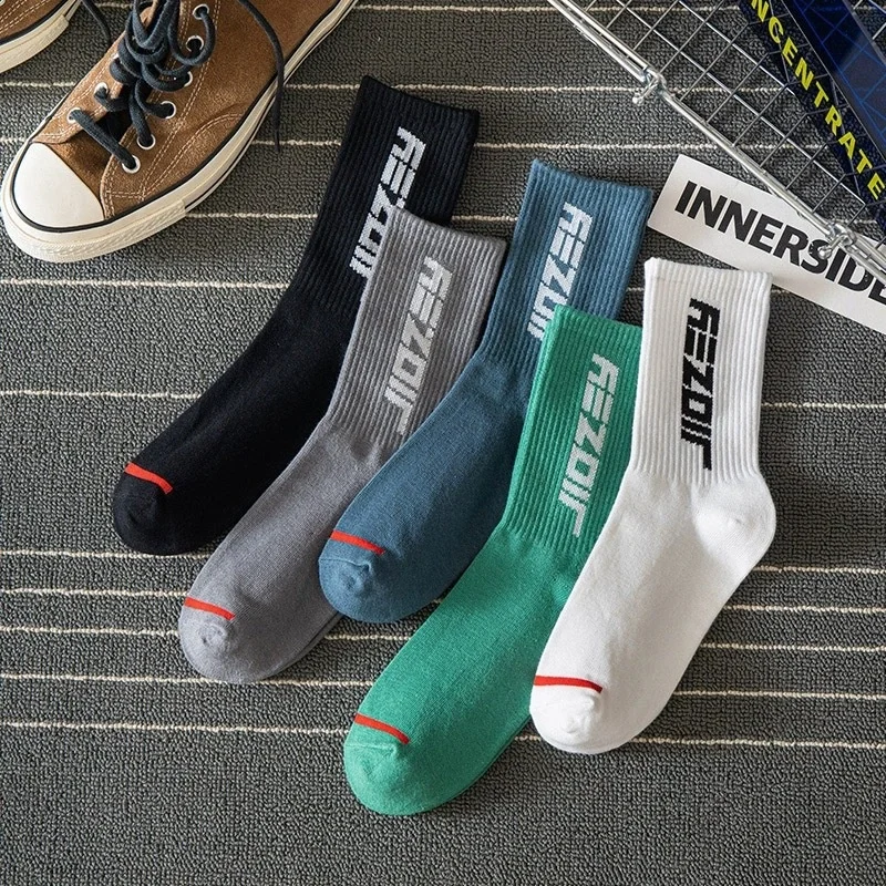 5 Pairs/Lot Men's Trendy Letter Sports Socks Comfortable Breathable Streetwear Hip Hop Mid-Calf Socks Versatile Casual Socks