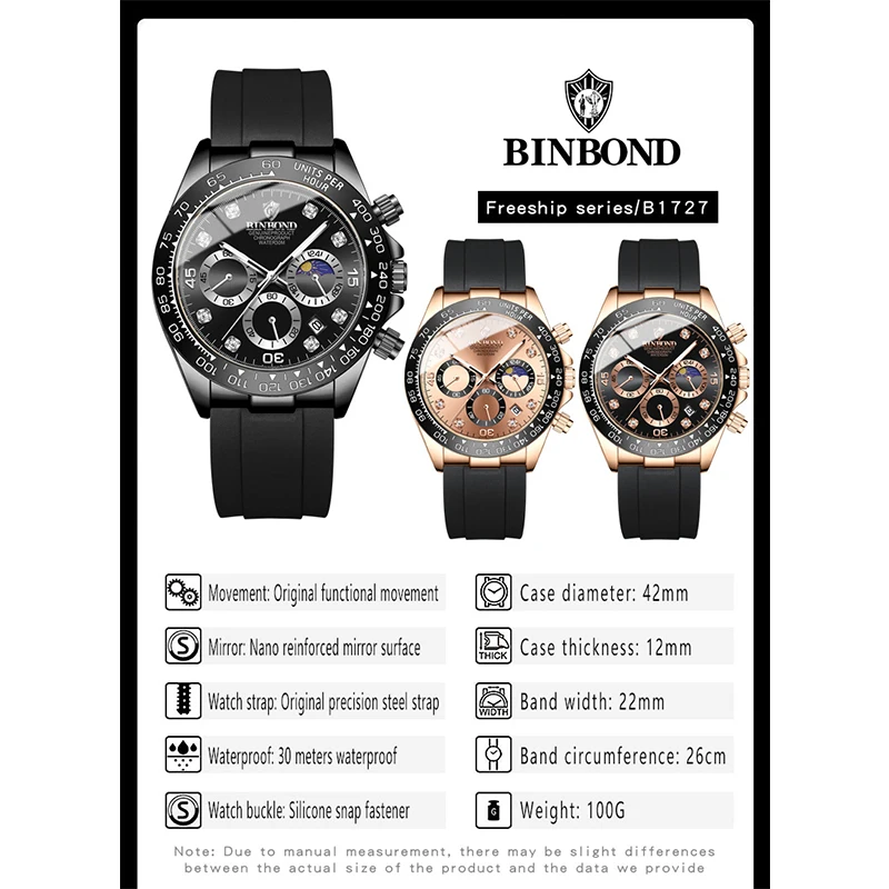 BINBONG Quartz Watch for Men Silicone Strap Moon Phase Date Chronograph Dial Waterproof Sports Fashion Business Men\'s Wristwatch