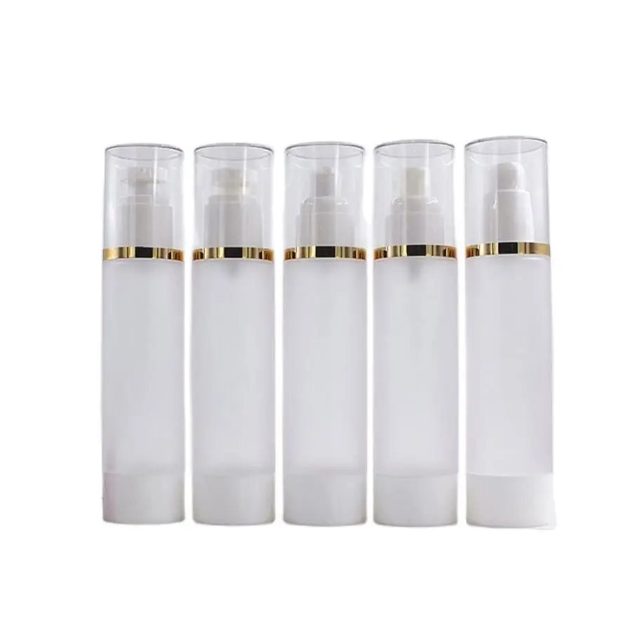 

100ml airless bottle white pump bottom clear lid gold rim frosted body lotion/emulsion/foundation/essence/oil/serum skin packing