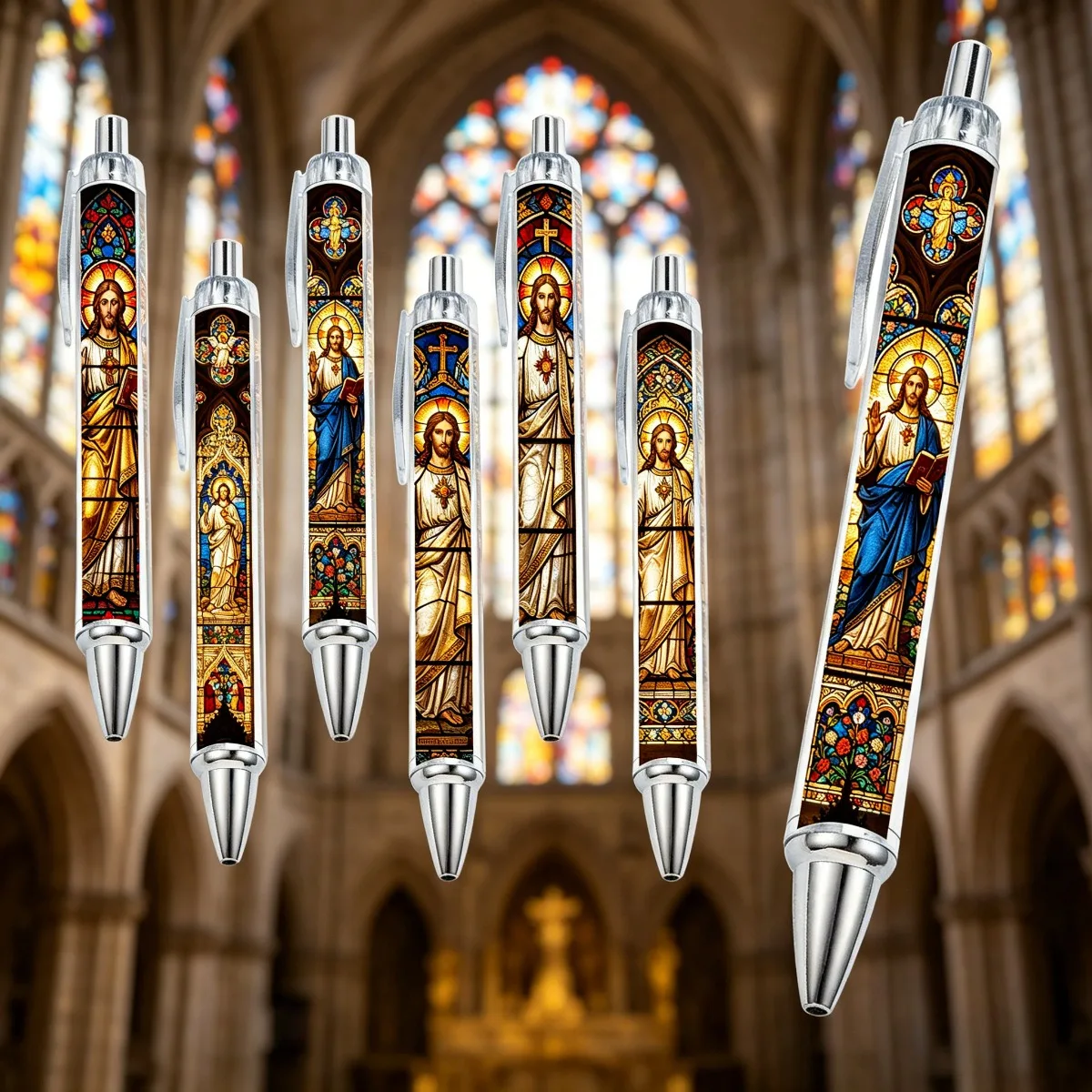 6PCS Christian round Pen with Jesus Image Church Window Design Religious Ballpoint Pen Easter Gift Office Stationery
