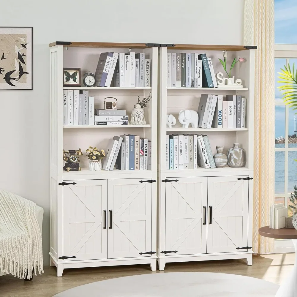 

Barn Doors and Storage Cabinet, White Farmhouse Book Shelf with Adjustable Shelves, Wood Freestanding Display Bookshelves